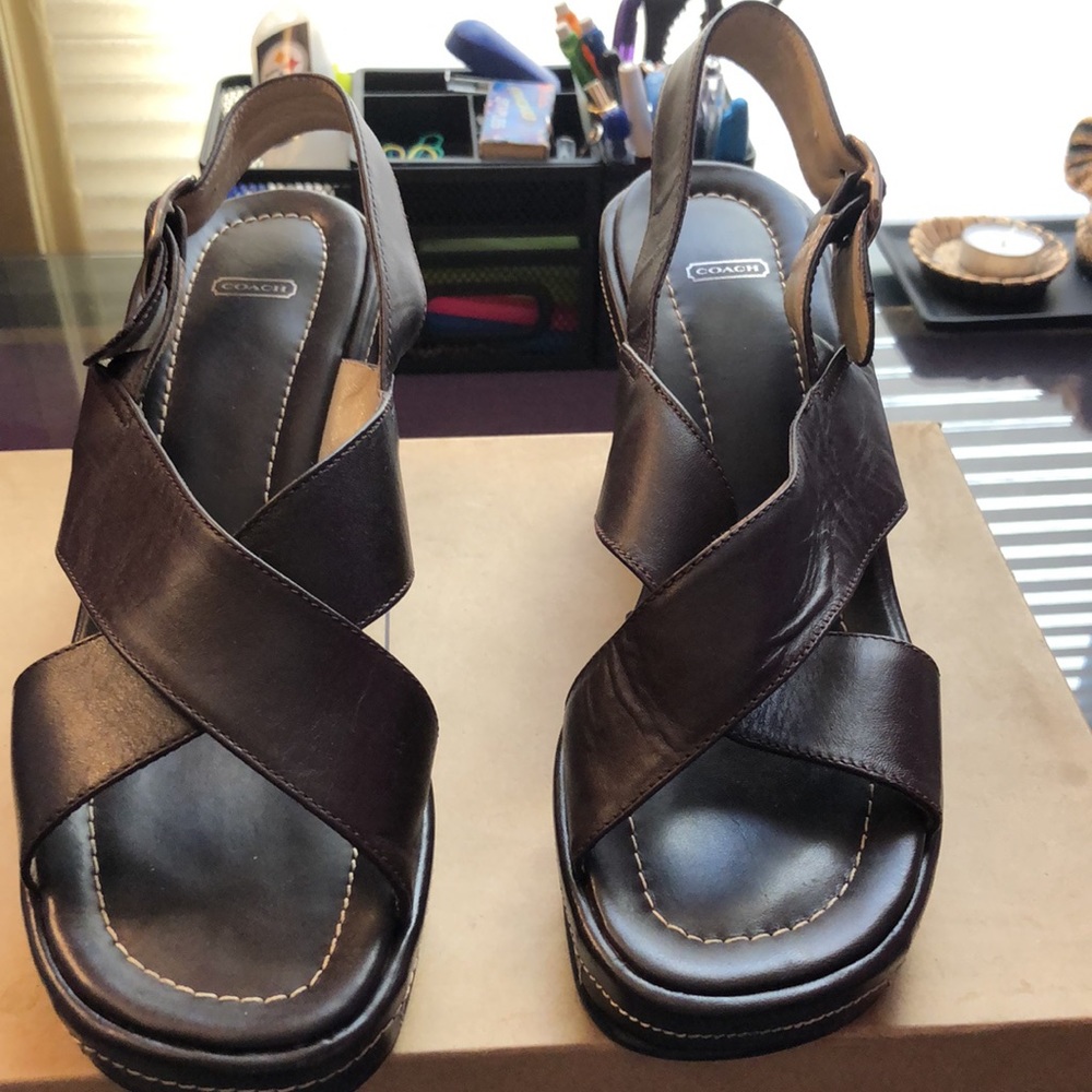 Coach Brown Leather Crisscross Wedge Sandals - Picture 2 of 6